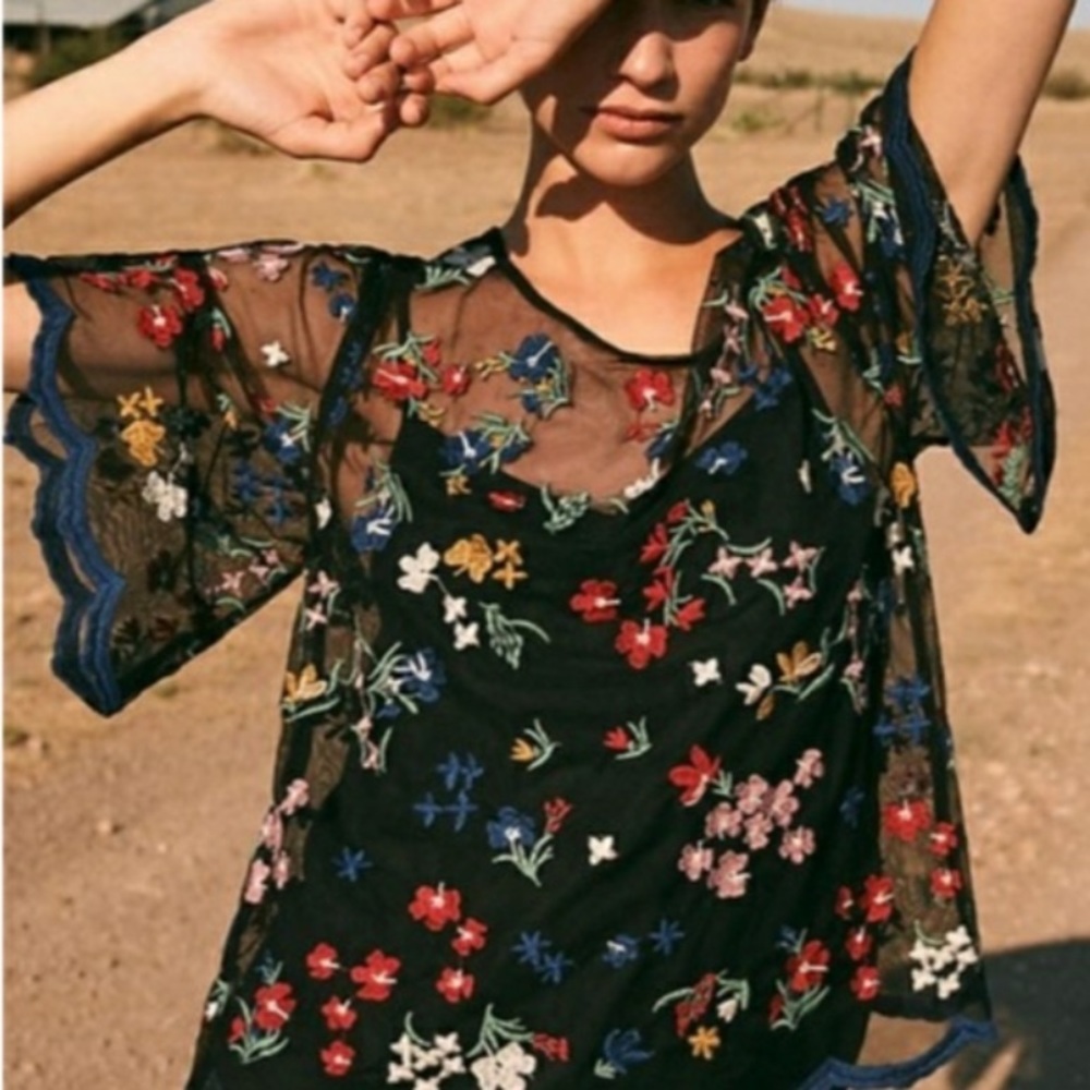 Anthropologie Maeve Meadows Floral Embroidered Sheer Top, Black Multi Small